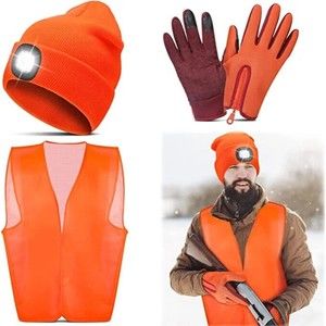 3 Pcs Hunting Set Blaze Orange Vest Touchscreen Gloves & LED Hat Safety Biking